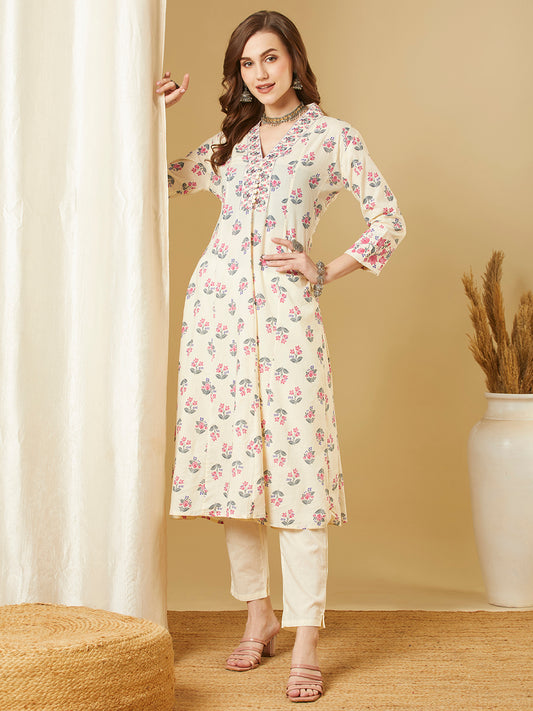 Ethnic Floral Printed Anarkali Kurta with Pant - Off White