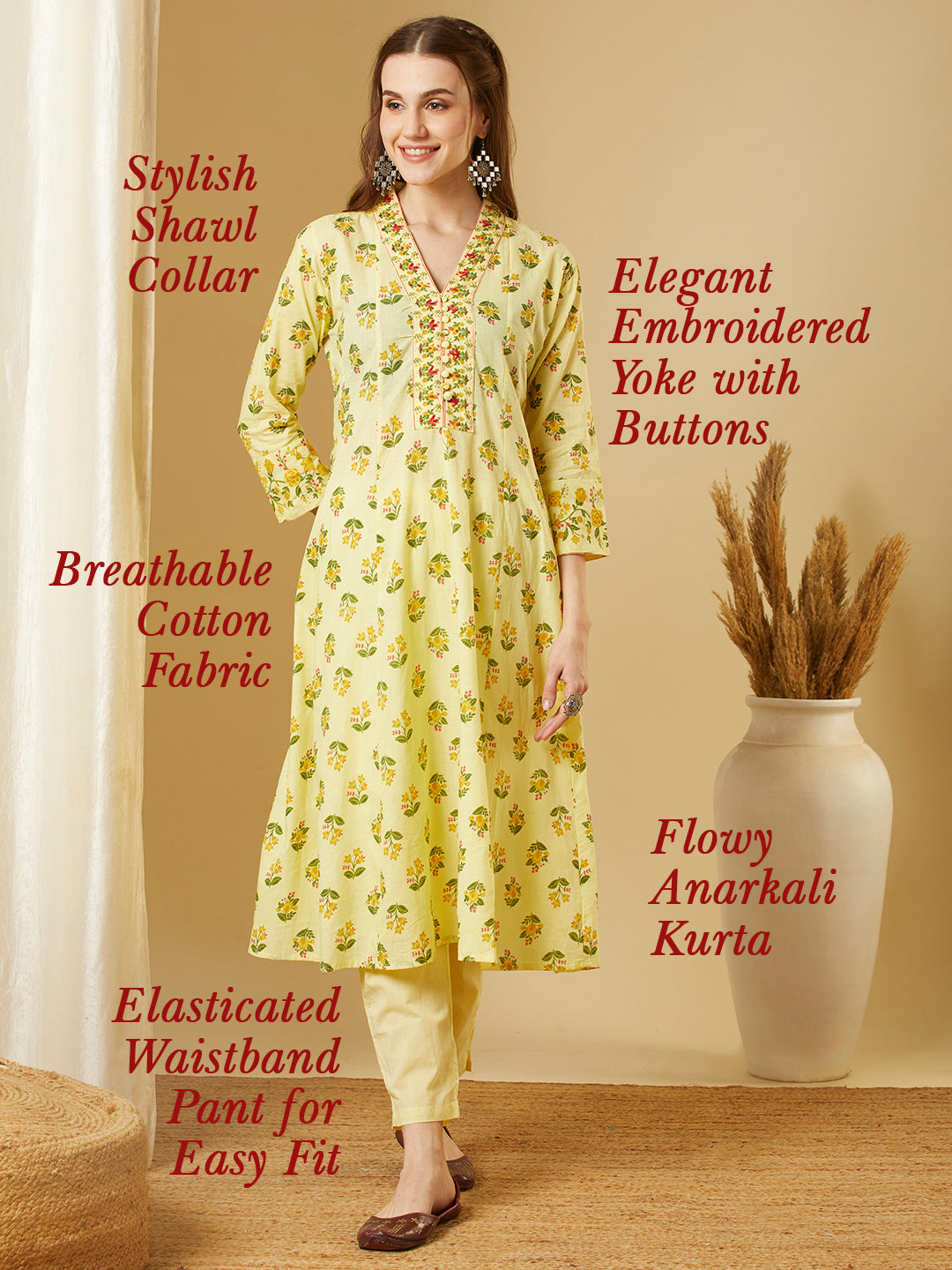 Ethnic Floral Printed Anarkali Kurta with Pant - Yellow