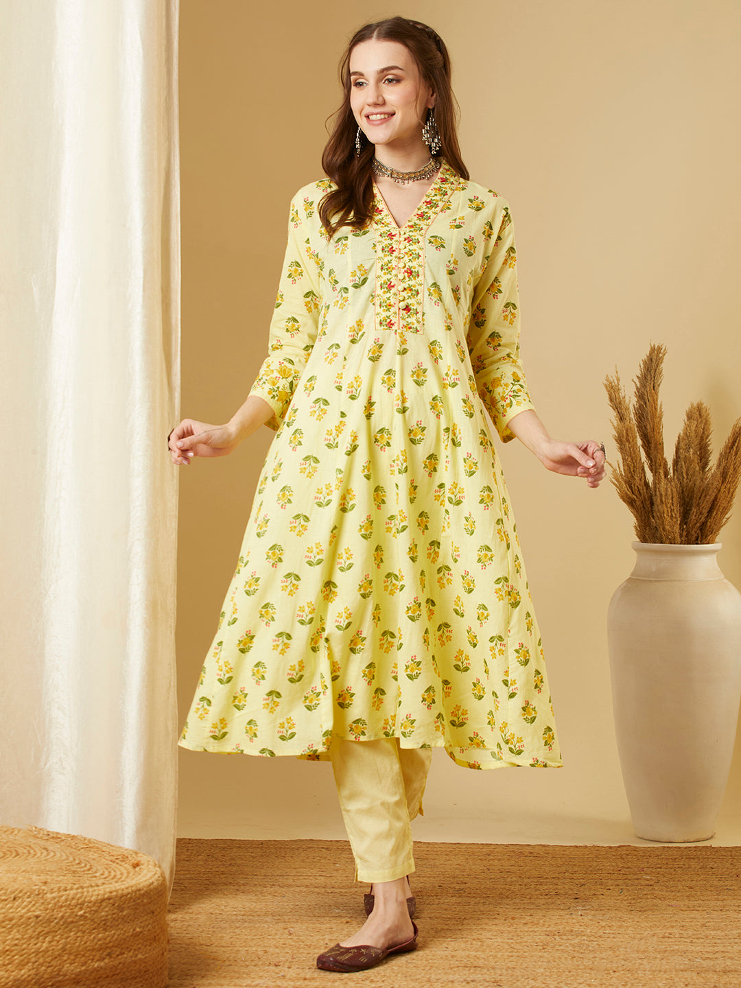 Ethnic Floral Printed Anarkali Kurta with Pant - Yellow