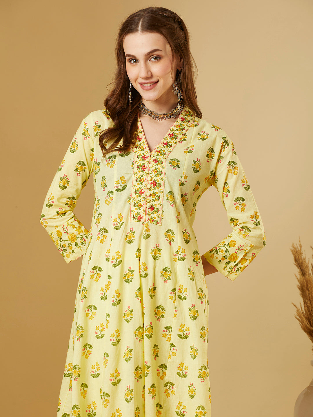 Ethnic Floral Printed Anarkali Kurta with Pant - Yellow