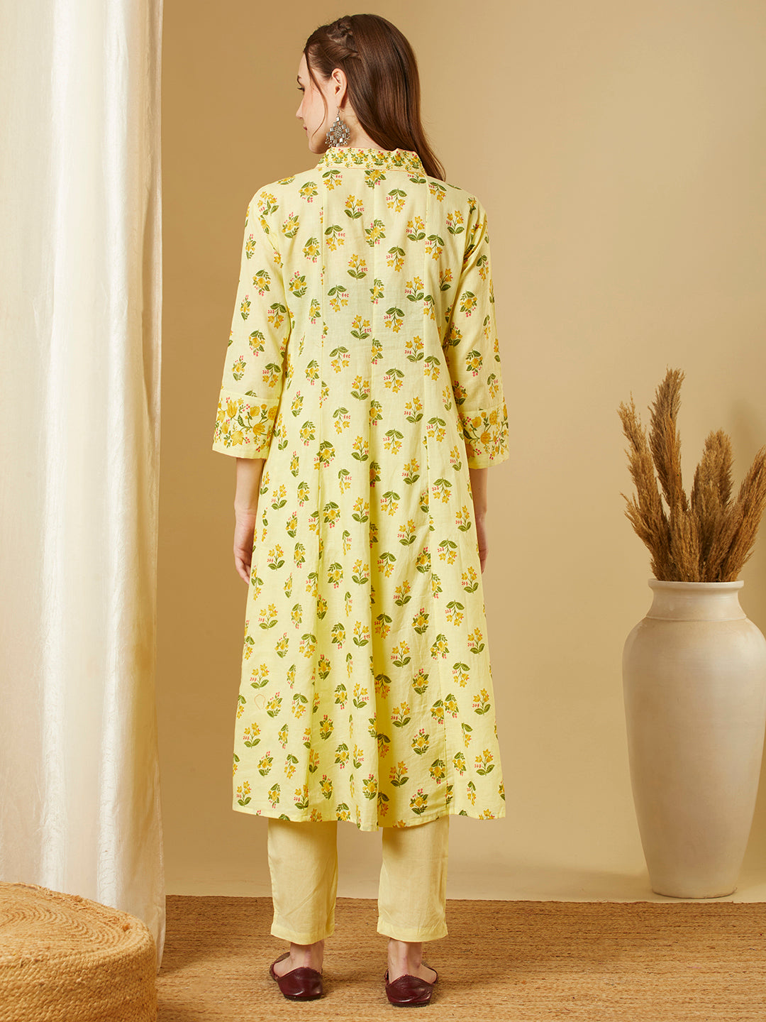 Ethnic Floral Printed Anarkali Kurta with Pant - Yellow