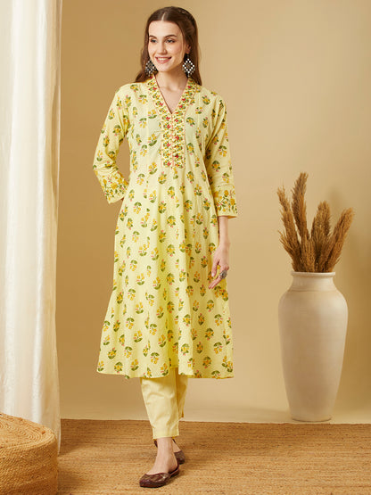 Ethnic Floral Printed Anarkali Kurta with Pant - Yellow