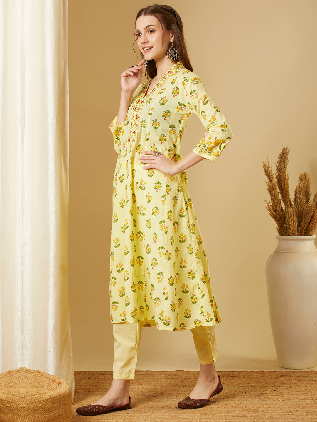 Ethnic Floral Printed Anarkali Kurta with Pant - Yellow