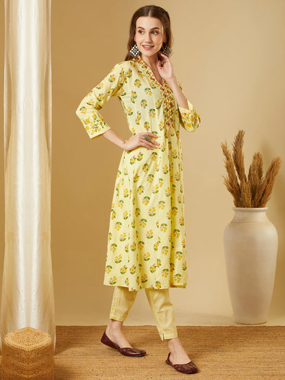 Ethnic Floral Printed Anarkali Kurta with Pant - Yellow