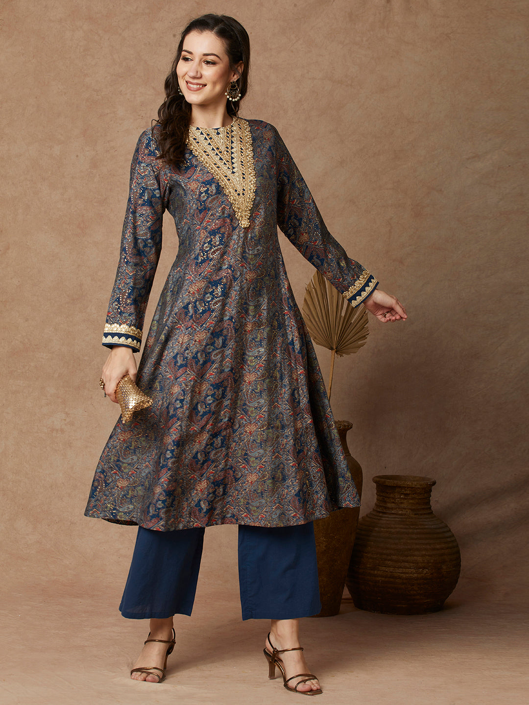 Ethnic Floral Printed & Embroidered A-Line Paneled Kurta - Blue