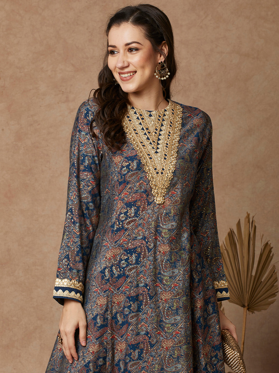 Ethnic Floral Printed & Embroidered A-Line Paneled Kurta - Blue