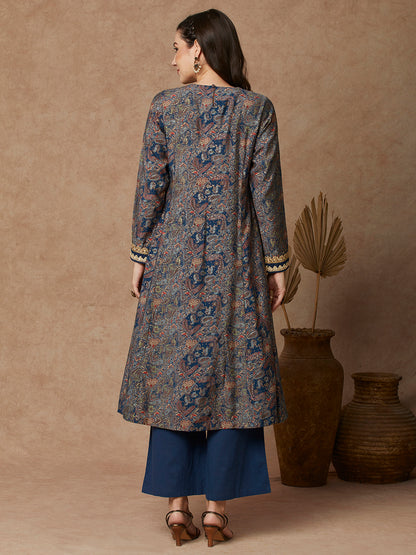 Ethnic Floral Printed & Embroidered A-Line Paneled Kurta - Blue