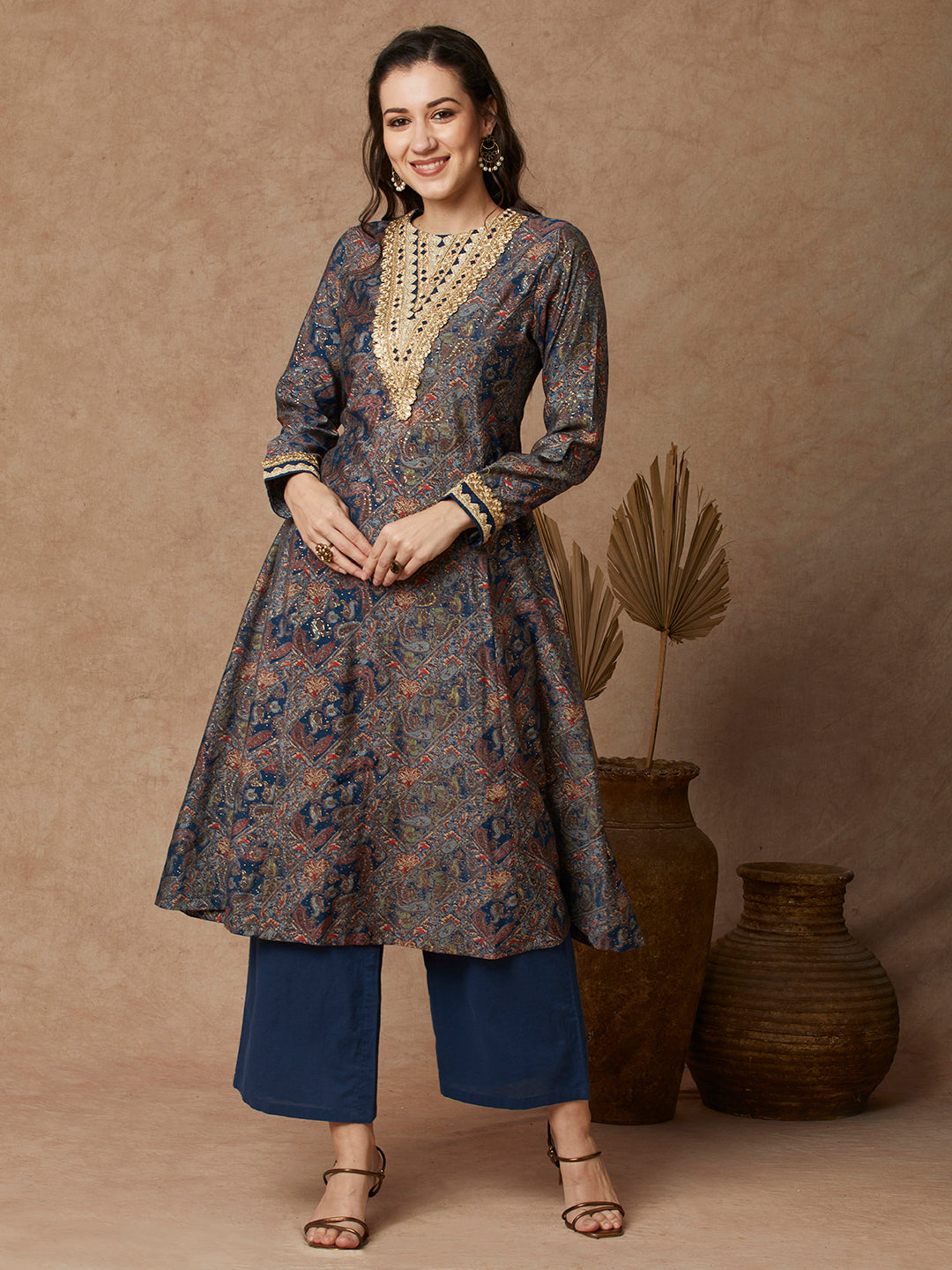 Ethnic Floral Printed & Embroidered A-Line Paneled Kurta - Blue