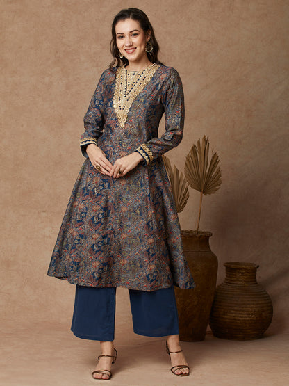 Ethnic Floral Printed & Embroidered A-Line Paneled Kurta - Blue