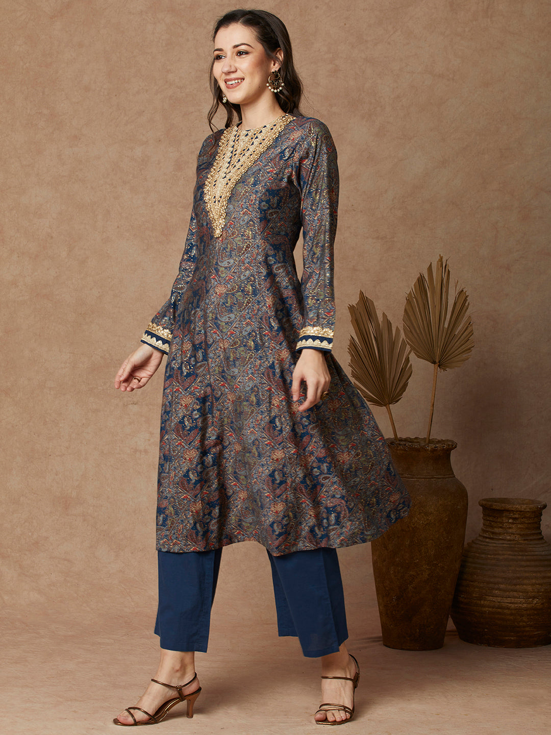 Ethnic Floral Printed & Embroidered A-Line Paneled Kurta - Blue