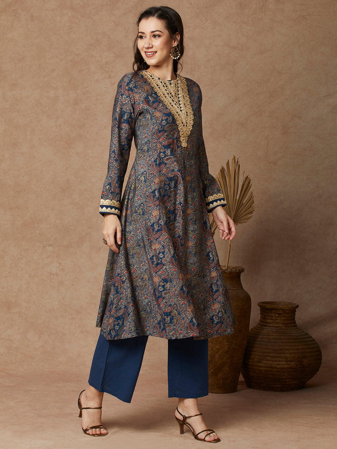 Ethnic Floral Printed & Embroidered A-Line Paneled Kurta - Blue