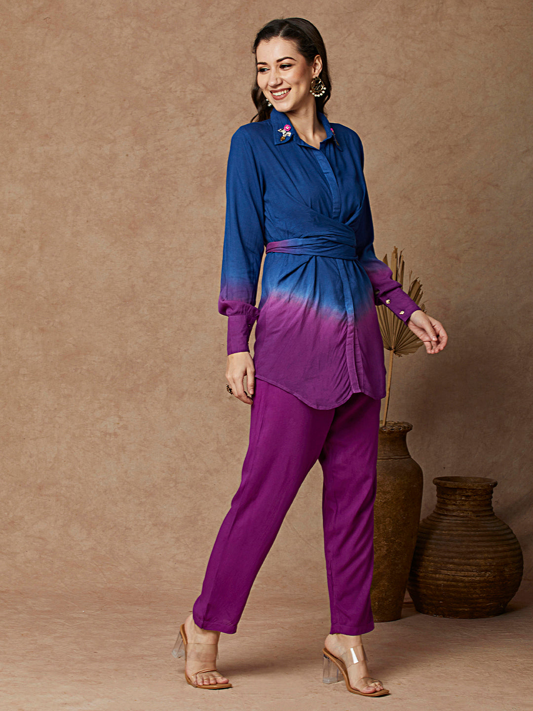 Ombre Dyed & Stone Embellished Knot Style Co-ord Set - Purple