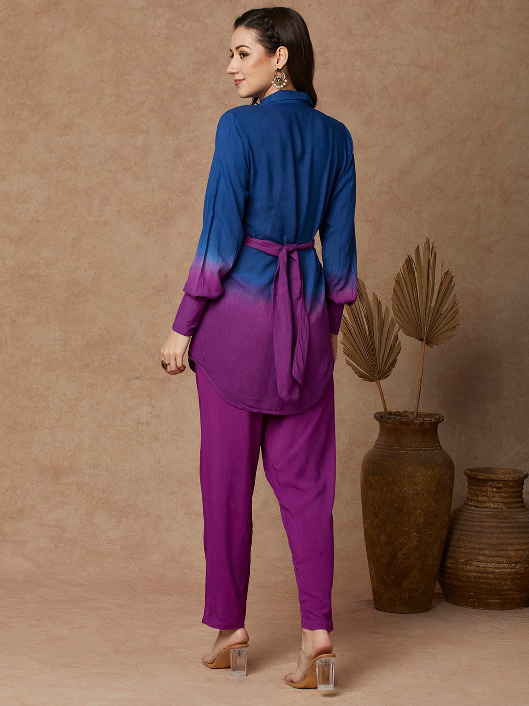 Ombre Dyed & Stone Embellished Knot Style Co-ord Set - Purple