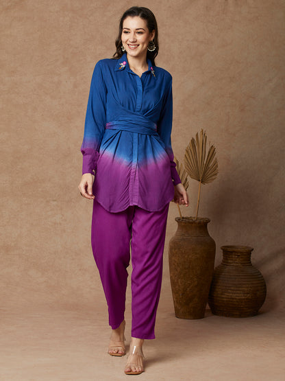 Ombre Dyed & Stone Embellished Knot Style Co-ord Set - Purple