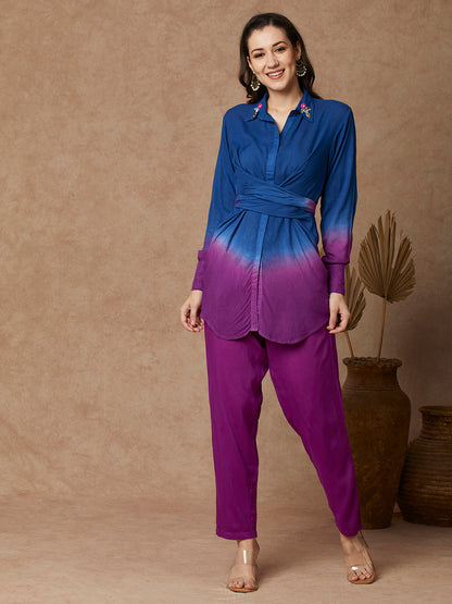 Ombre Dyed & Stone Embellished Knot Style Co-ord Set - Purple