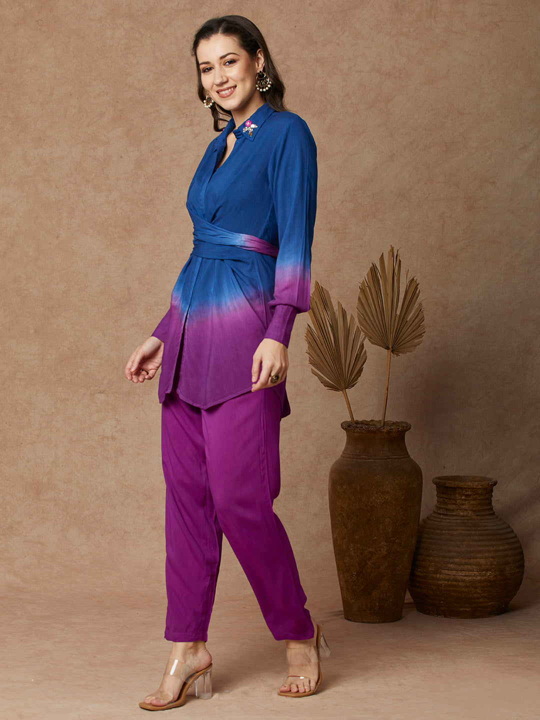 Ombre Dyed & Stone Embellished Knot Style Co-ord Set - Purple