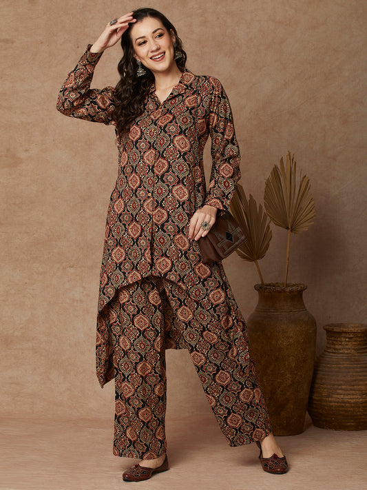 Ethnic Printed A-Line High Low Co-ord Set - Black