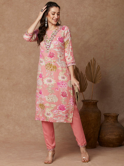 Floral Printed & Embroidered Straight Fit Kurta with Pant - Pink