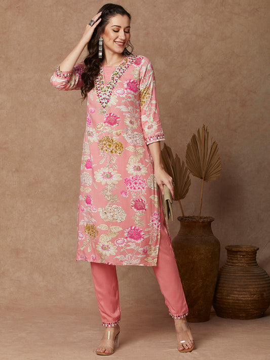 Floral Printed & Embroidered Straight Fit Kurta with Pant - Pink