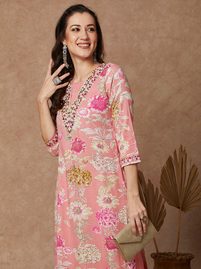 Floral Printed & Embroidered Straight Fit Kurta with Pant - Pink