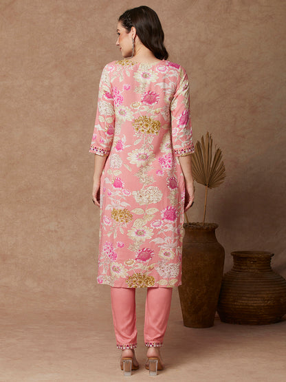 Floral Printed & Embroidered Straight Fit Kurta with Pant - Pink