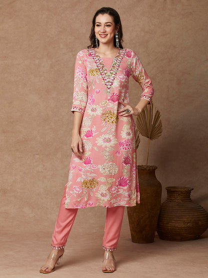 Floral Printed & Embroidered Straight Fit Kurta with Pant - Pink