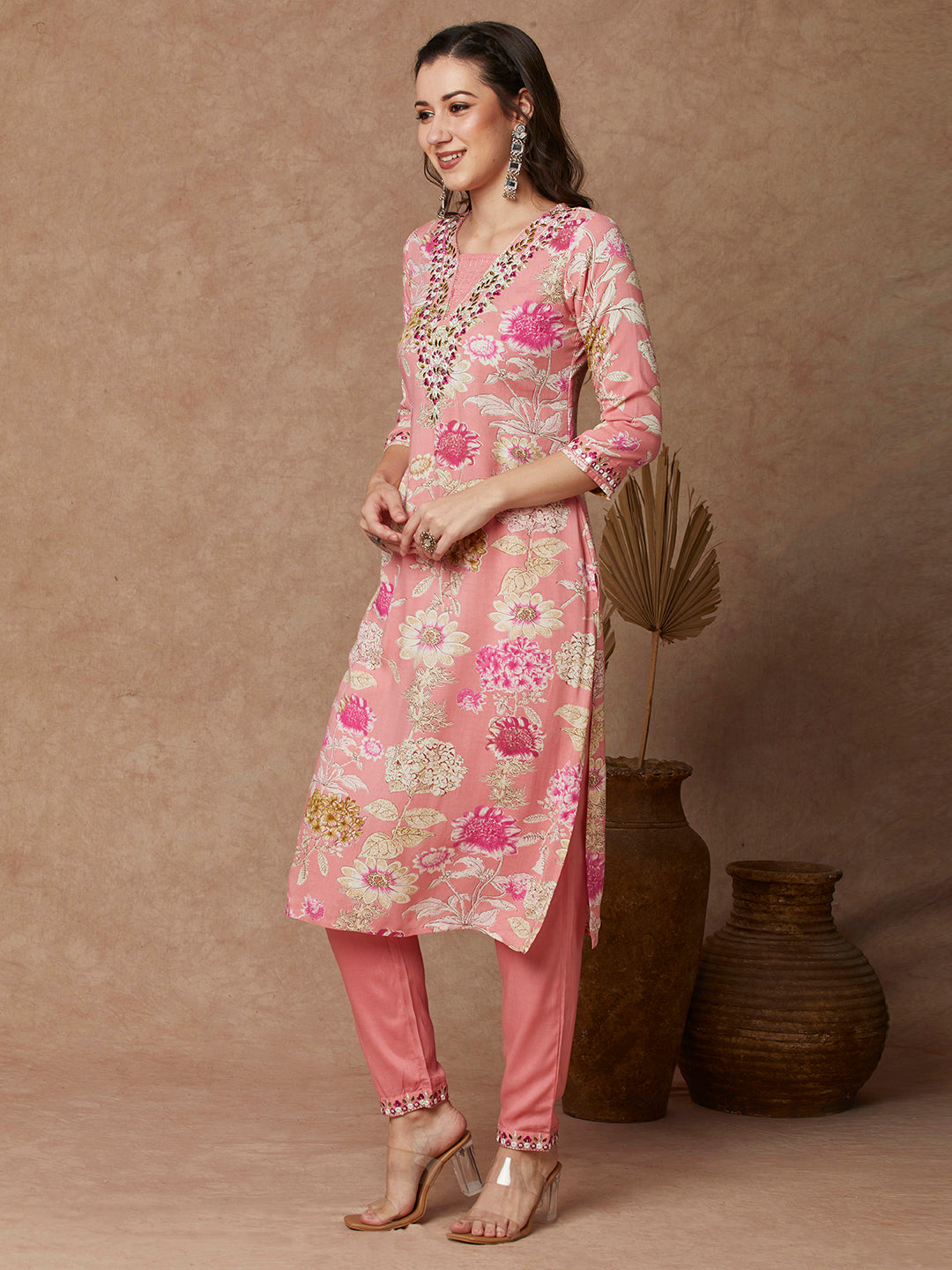 Floral Printed & Embroidered Straight Fit Kurta with Pant - Pink