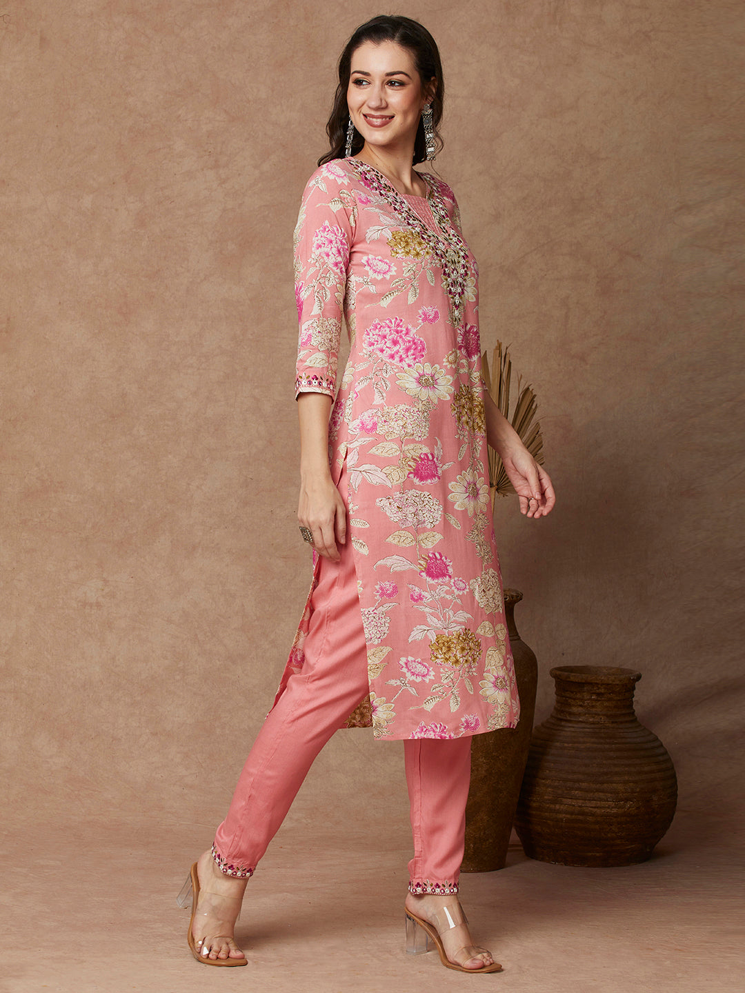 Floral Printed & Embroidered Straight Fit Kurta with Pant - Pink