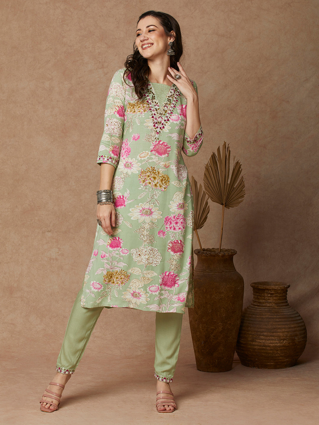 Floral Printed & Embroidered Straight Fit Kurta with Pant - Light Green