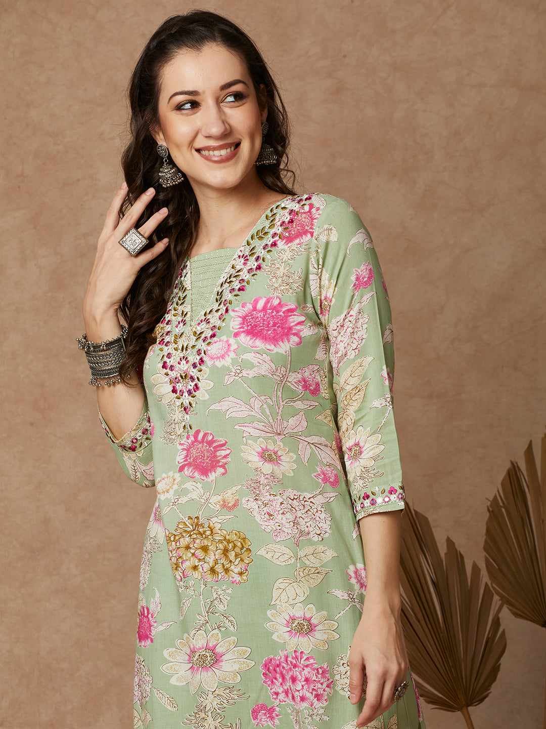 Floral Printed & Embroidered Straight Fit Kurta with Pant - Light Green