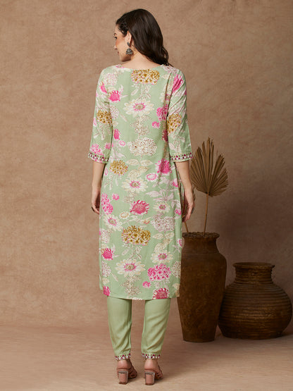 Floral Printed & Embroidered Straight Fit Kurta with Pant - Light Green