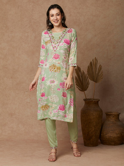 Floral Printed & Embroidered Straight Fit Kurta with Pant - Light Green