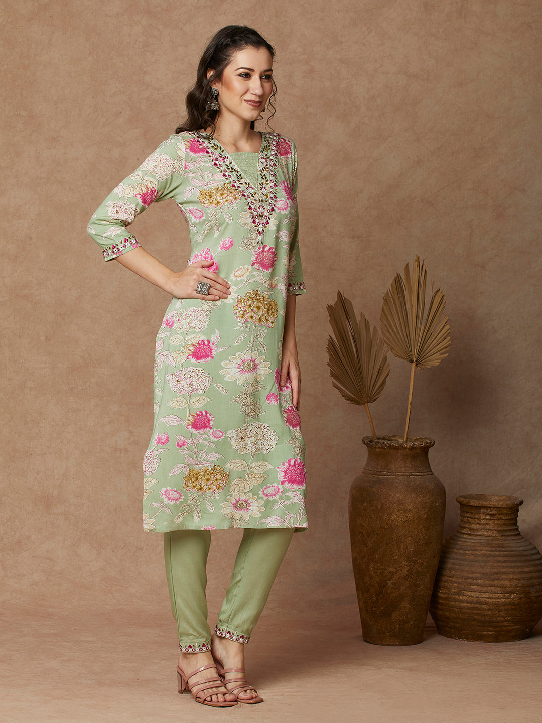 Floral Printed & Embroidered Straight Fit Kurta with Pant - Light Green