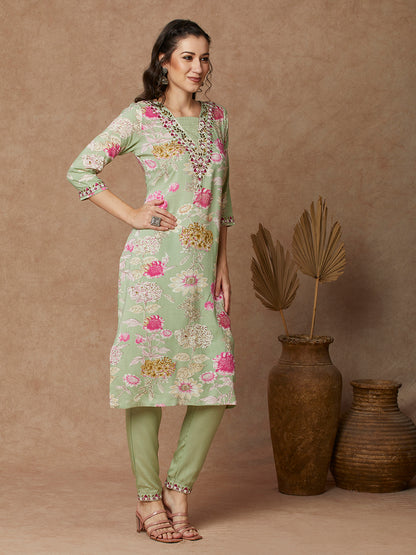 Floral Printed & Embroidered Straight Fit Kurta with Pant - Light Green