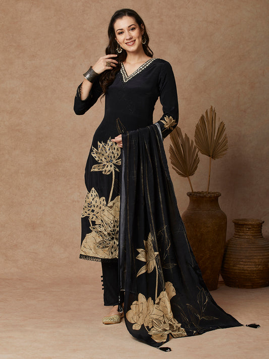 Abstract Floral Printed & Embroidered Straight Fit Kurta with Pant and Dupatta - Black