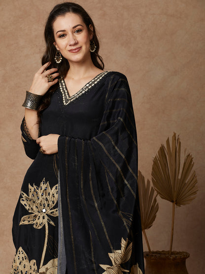 Abstract Floral Printed & Embroidered Straight Fit Kurta with Pant and Dupatta - Black