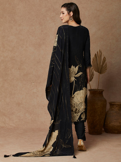 Abstract Floral Printed & Embroidered Straight Fit Kurta with Pant and Dupatta - Black