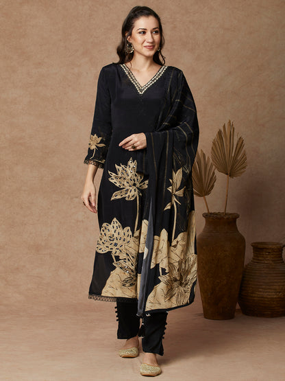 Abstract Floral Printed & Embroidered Straight Fit Kurta with Pant and Dupatta - Black