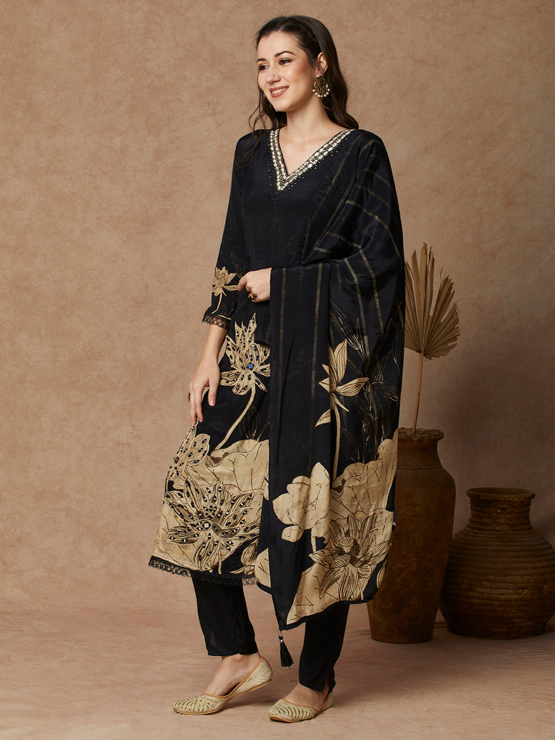 Abstract Floral Printed & Embroidered Straight Fit Kurta with Pant and Dupatta - Black