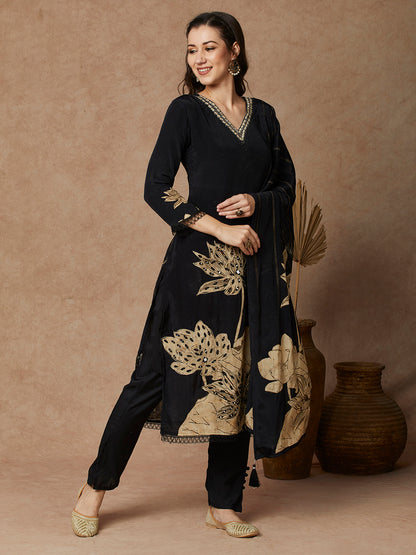 Abstract Floral Printed & Embroidered Straight Fit Kurta with Pant and Dupatta - Black