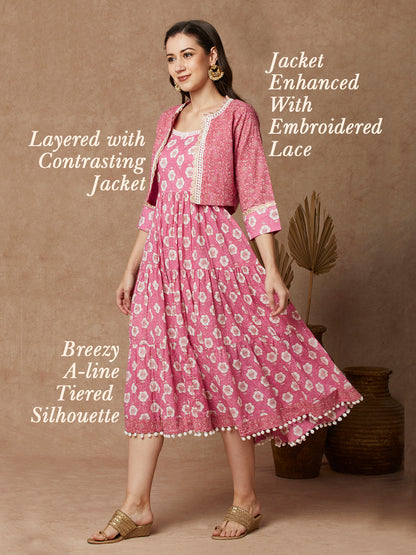 Floral & Printed A-Line Tiered Maxi Dress with Printed Jacket - Pink