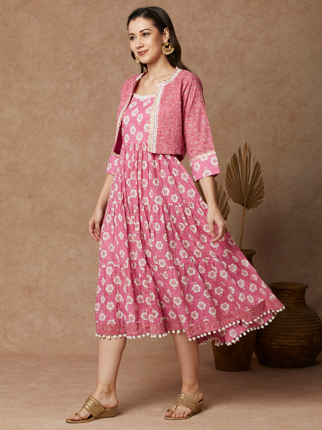 Floral & Printed A-Line Tiered Maxi Dress with Printed Jacket - Pink