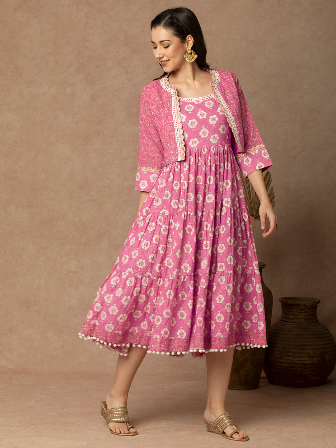 Floral & Printed A-Line Tiered Maxi Dress with Printed Jacket - Pink