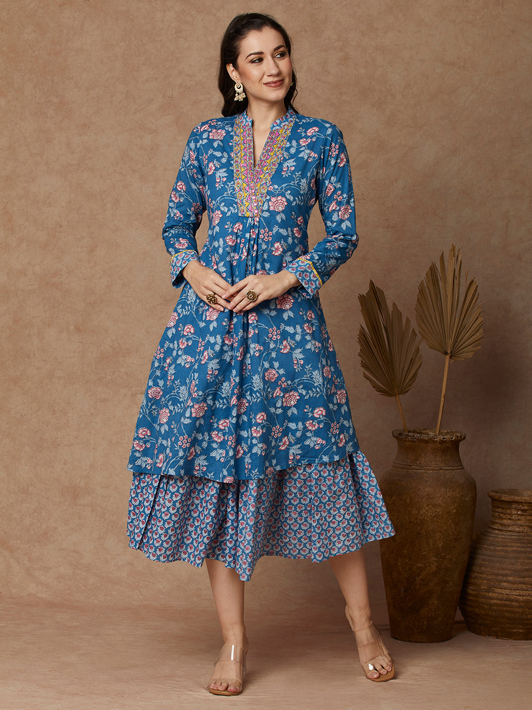 blue ethnic dress for women Floral Printed & Embroidered A-Line Layered Maxi color:White Alie Street Pippa Shift Assured Quality – 0% Variant:pink