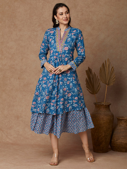 Ethnic Floral Printed & Embroidered A-Line Layered Maxi Dress - Blue