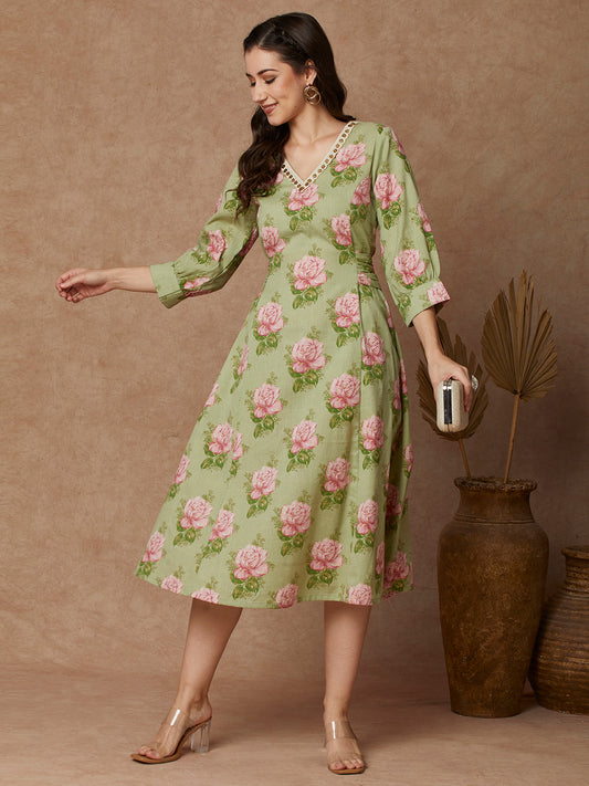 Floral Printed A-Line Paneled Tie - Up Midi Flared Dress - Green