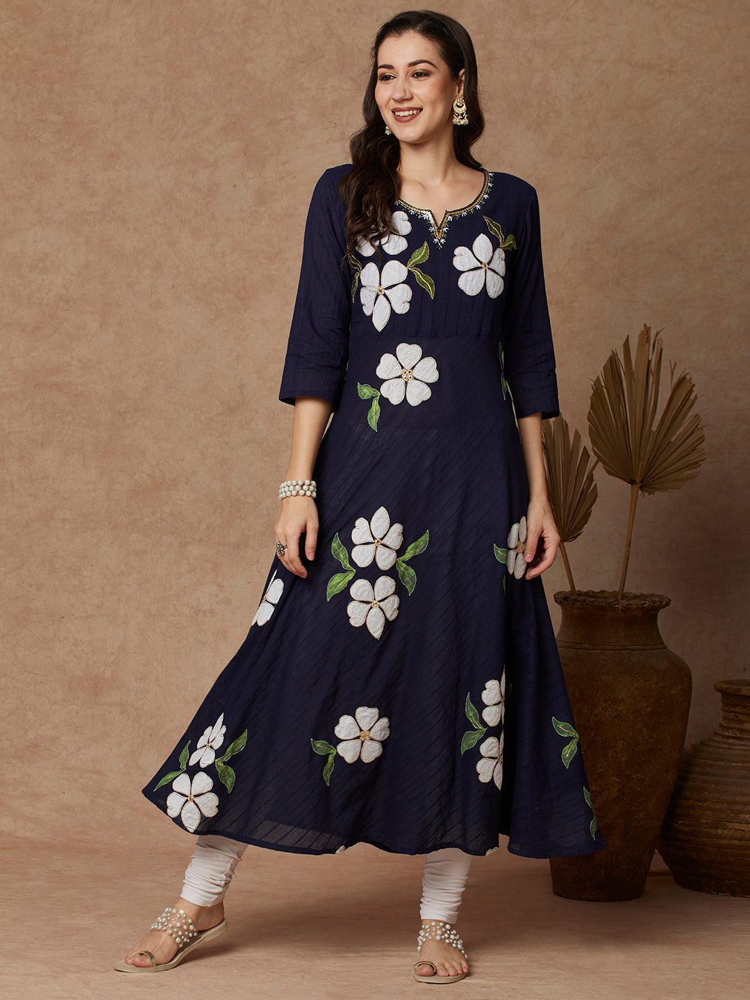 Floral Patchwork Solid A-Line Flared Maxi Dress - Blue