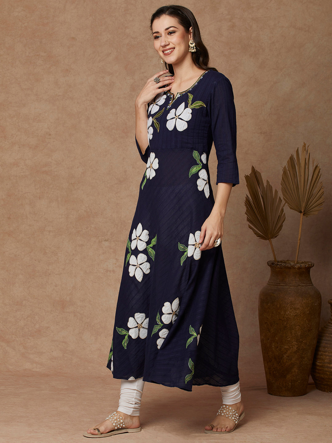 Floral Patchwork Solid A-Line Flared Maxi Dress - Blue