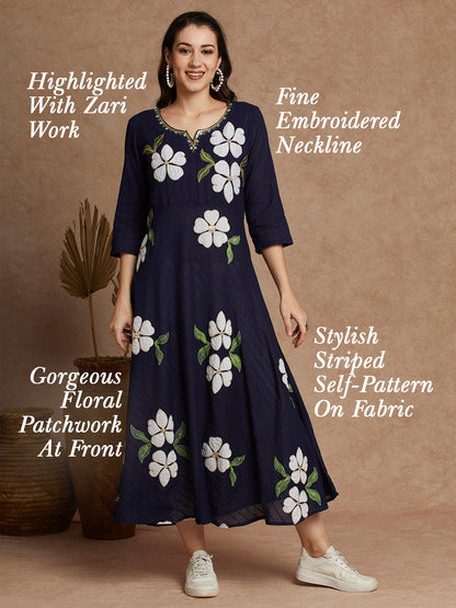 Floral Patchwork Solid A-Line Flared Maxi Dress - Blue