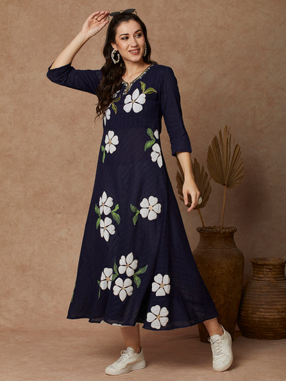 Floral Patchwork Solid A-Line Flared Maxi Dress - Blue